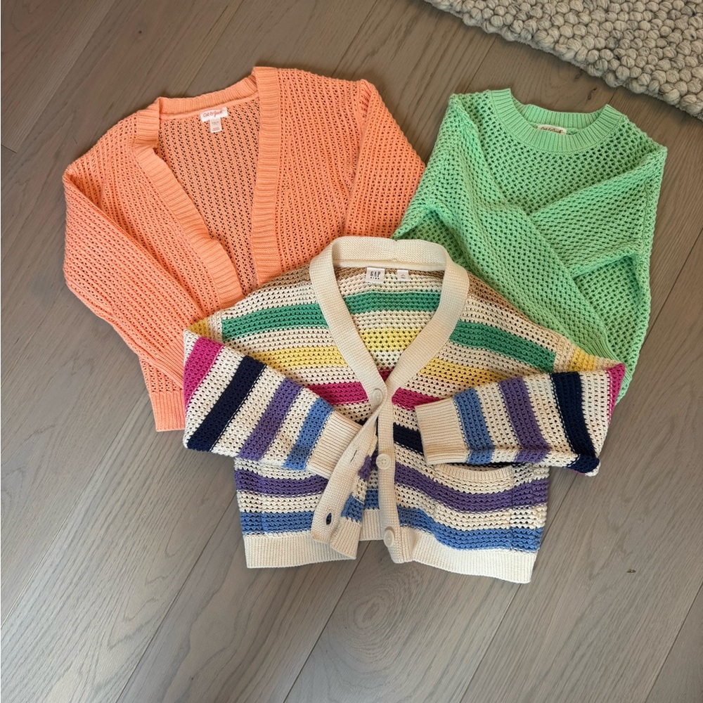 GAP multicolored cardigan and two Cat & Jack sweaters